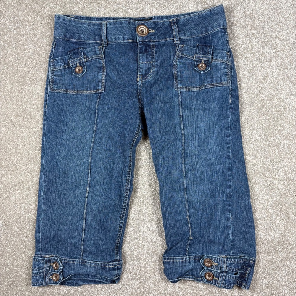 Rewind Womens Medium Wash Denim Capri Jeans Y2K Button Cuff Size 9